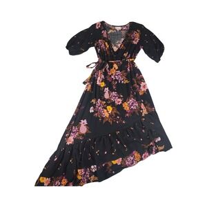 Isabel Maternity Floral Wrap Maxi Dress Black Pink XS High-Low Ruffle Sleeve